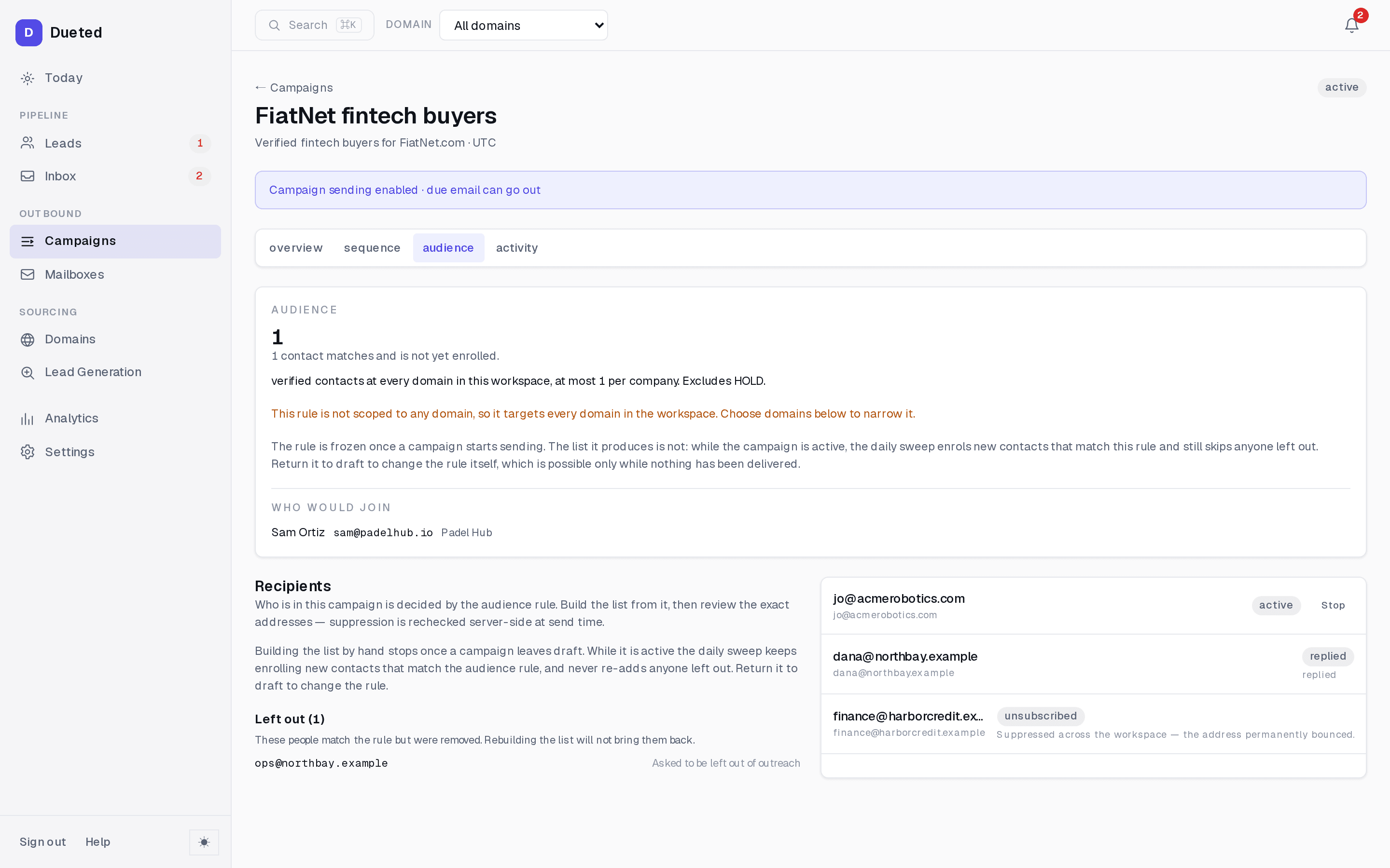 Dueted campaign audience tab: the audience rule stated in prose, the count of contacts that match it, who would join, the recipient list, and the person who was left out