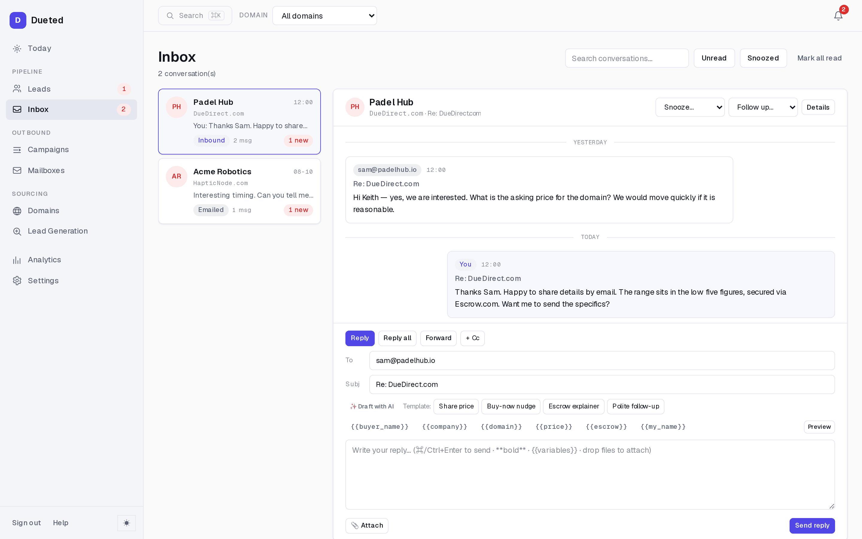 Dueted inbox: a buyer reply threaded under its domain, the outgoing answer beneath it, and the reply composer with templates and merge variables