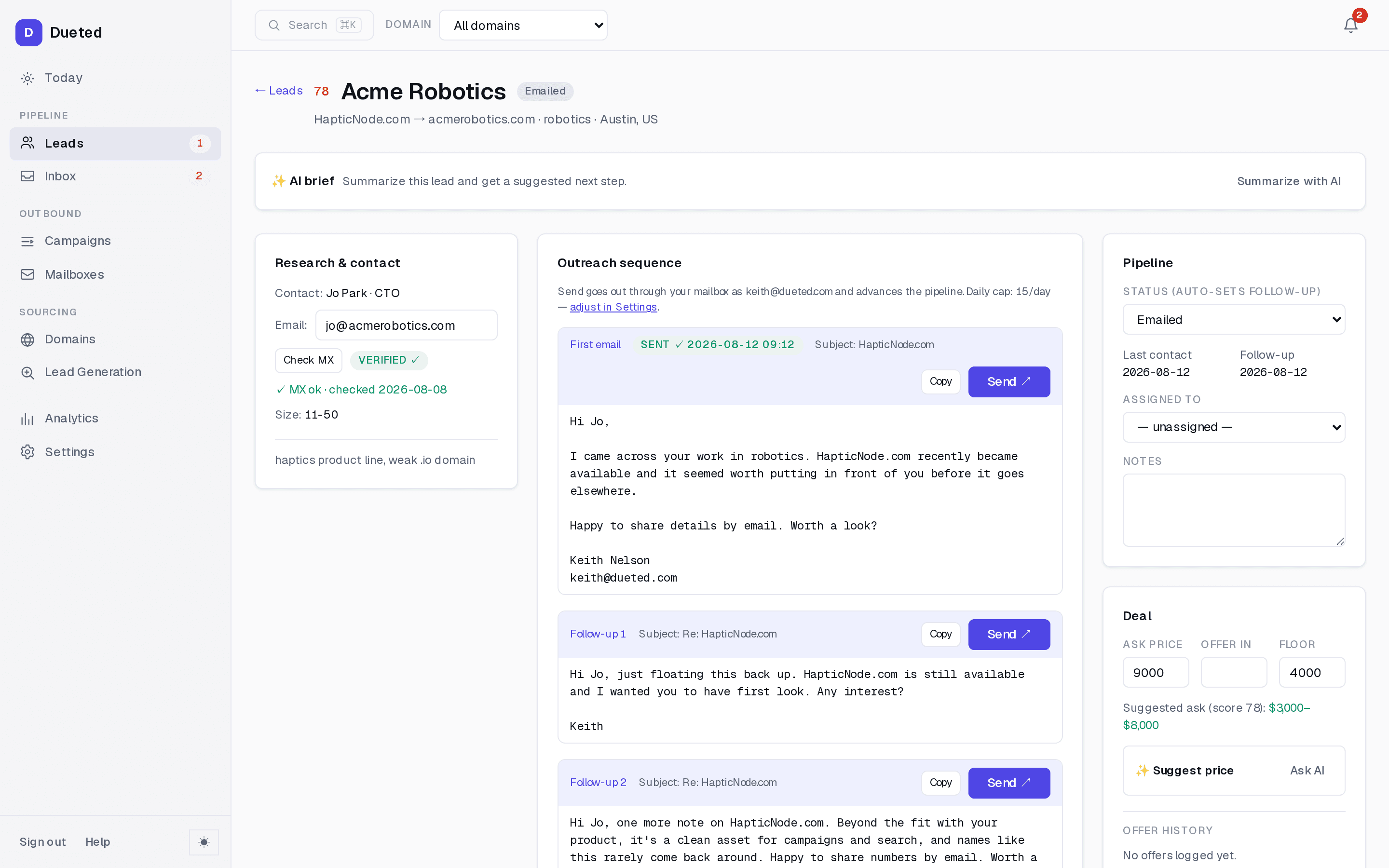 Dueted lead page: the domain to company to contact identity, a verified contact with its MX check, the outreach sequence, and the deal card with ask price and walk-away floor