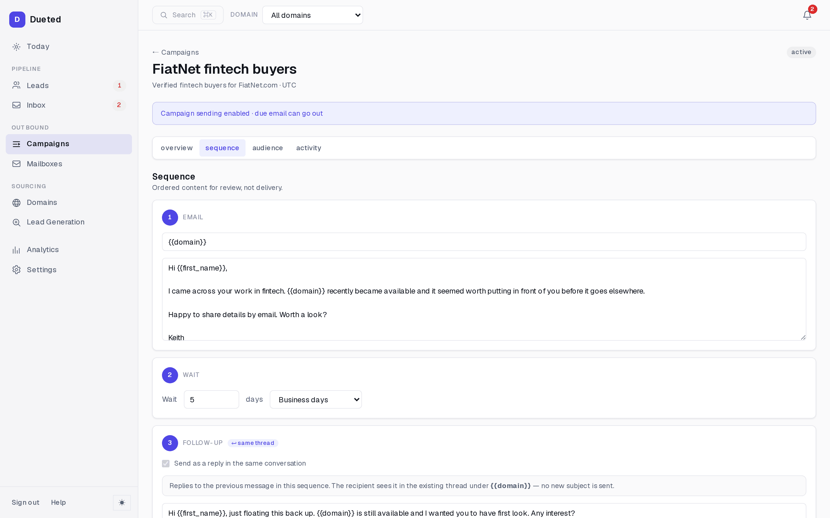 Dueted campaign sequence editor: a first email followed by a threaded follow-up marked as a reply in the same conversation, with no subject field